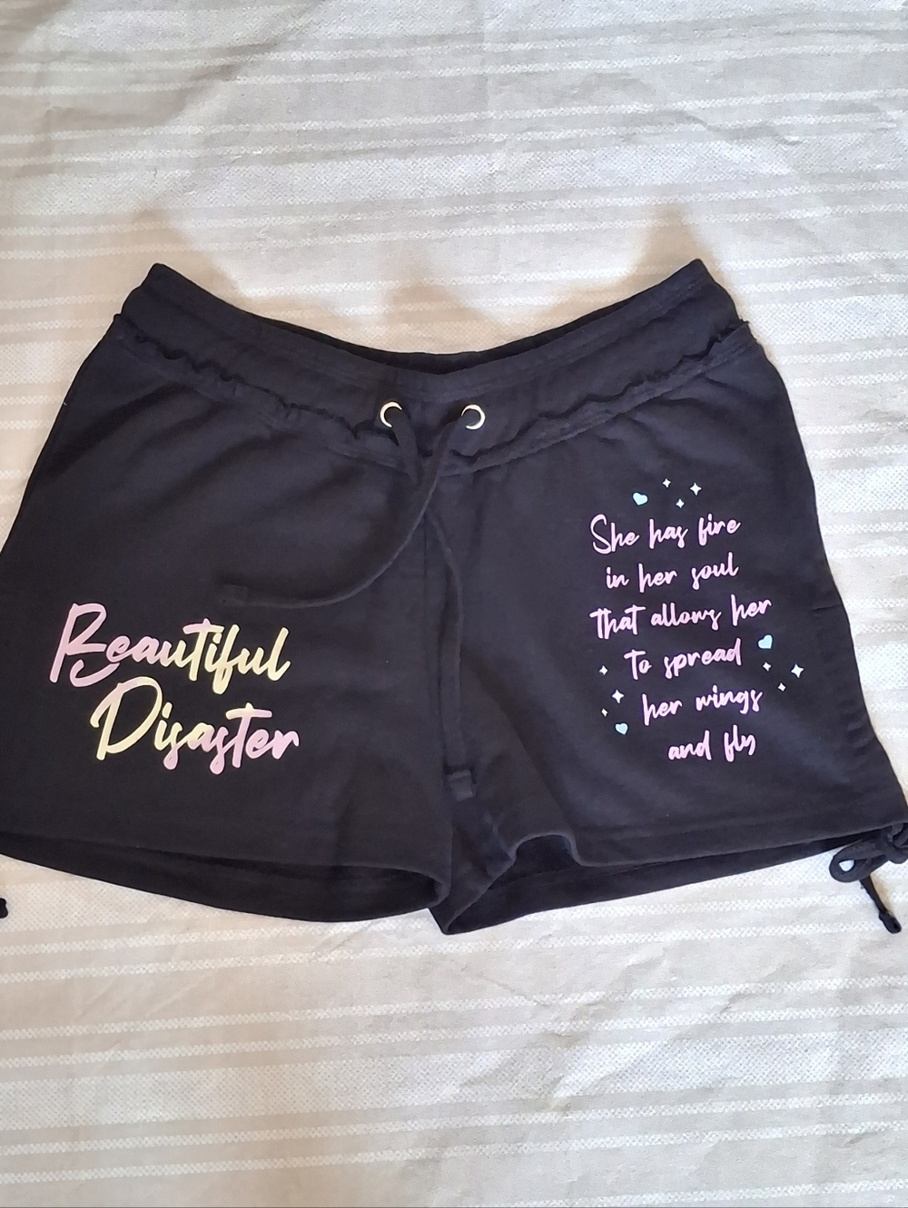 Beautiful Disaster Sweat Shorts Womens Sz S Black Pull On Lounge Tie Graphic